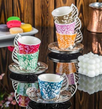 Набор для кофе на 6 персон &quot;Разноцветные капли&quot; с серебряной подставкой и металлическими декоративными блюдцами (в коробке), Турция