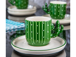 Набор для кофе на 2 персоны "Опунтия Кактус" (зеленая чашка + белое блюдце), Opuntia Kaktus