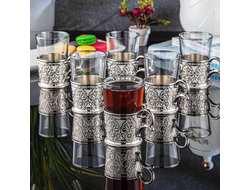 Стаканы для чая с подстаканником, подарочный набор на 6 персон, декор &quot;Серебро&quot; (в коробке), Турция