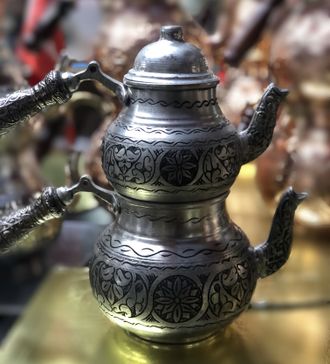 Чайник двойной медный с гравировкой (с медной ручкой), цвет «Серебро», маленький, Турция
