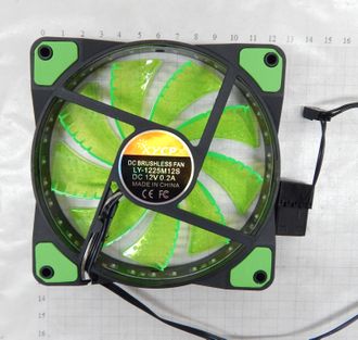 Кулер 120х120х25 mm 12V 3+4 pin LED, черный корпус, зеленый свет