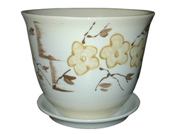Белый керамический горшок для домашних растений диаметр 19 см с рисунком "цветы"