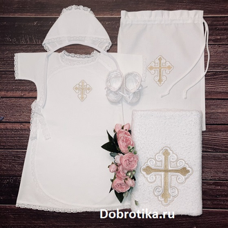 Тёплое или стандарт платье-рубашка для Крещения девочки: 100% хлопок, кружево, вышитый крестик (цвет на выбор), 0-3 мес., 3-6 мес., 6-12 мес., можно вышить любое имя