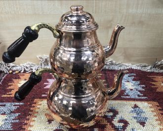 Чайник медный двойной (çaydanlık), толстостенный, большой, цвет «медь», Турция