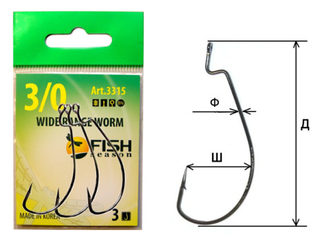 Крючок FishSeason офсетный Wide Range Worm с большим ухом  № 2/0 (10уп. по 4шт) арт.3315