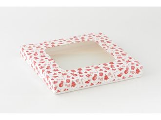 Коробка на 10 печений с окном (24*24*3 см), красно-белый новогодний
