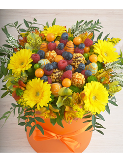 Цветы с фруктами в шляпной коробке "Золото осени"