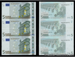 Банкноты 5 ЕВРО (неразрезанный лист из 3 бон)