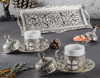 Набор для кофе в восточном стиле на 2 персоны, декор &quot;Четырехлистник, серебро&quot;, Турция