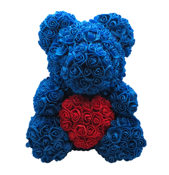 Мишка из роз с сердечком - синий 40 см