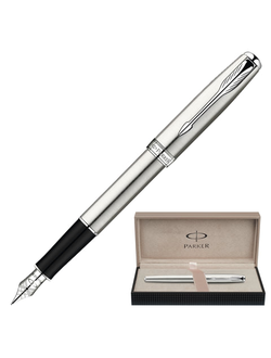 Ручка подарочная перьевая PARKER "Sonnet Stainless Steel CT", серебристый корпус, хромированные детали, черная, S0809210