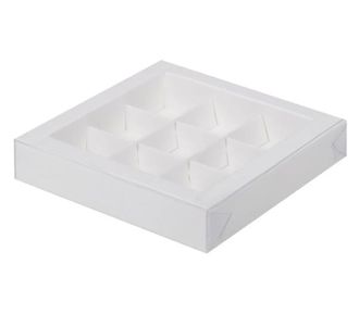 Коробка на 9 конфет 15*15*3 см,  с пластиковой крышкой и с разделителями, Белая