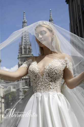 Свадебное белое платье с рукавами и атласной юбкой "Velia" прокат Уфа