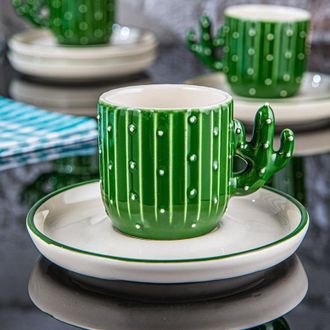 Набор для кофе на 2 персоны &quot;Опунтия Кактус&quot; (зеленая чашка + белое блюдце), Opuntia Kaktus
