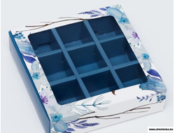 Коробка под 9 конфет "Голубые цветы" с окном 14,5 х 14,5 х 3,5 см