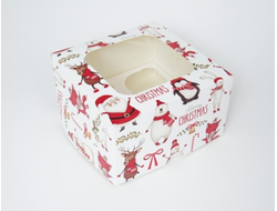 Коробка на 4 кекса квадратная с окошком (17*17*10 см), Дедушка мороз