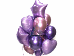 Композиция из розовых и фиолетовых хромированных шаров с сердцами и звездами