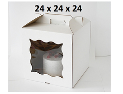 Коробка для торта с фигурным окном с РУЧКОЙ, 24*24* ВЫСОТА 24 см, БЕЛАЯ