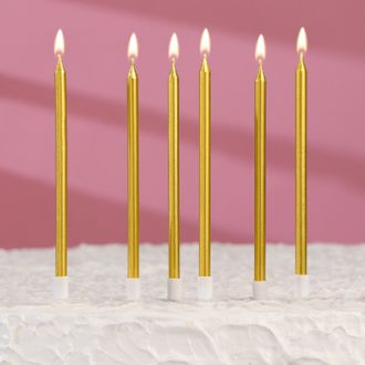 Свечи в торт МЕТАЛЛИК коктейльные ВЫСОКИЕ 13,5 см, 6 шт , ЗОЛОТЫЕ