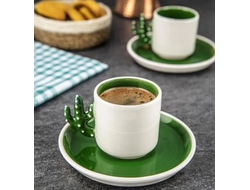 Набор для кофе на 2 персоны "Кактус" (белая чашка + зеленое блюдце), Kaktus