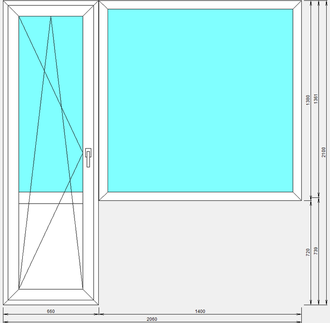 Балконный блок с глухим окном и поворотно-откидной дверью с непрозрачным сэндвичем снизу
