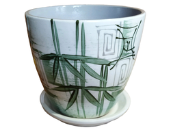 Белый с зеленым керамический горшок с рисунком "бамбук" для домашних растений диаметр 18 см