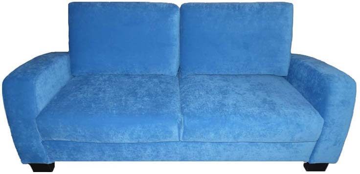 Синий двухместный диван после перетяжки.