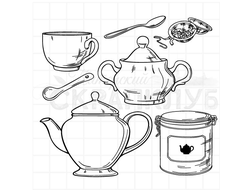 Штамп чайник, чашка и сахарница