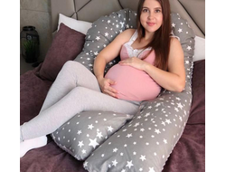 Анатомическая подушка для беременных U  340 х 35 см + наволочка на молнии хлопок Звезды на сером