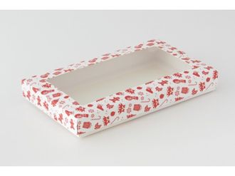 Коробка на 5 печений с окном (25*15*3 см), красно-белый новогодний