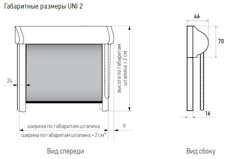 Габаритные размеры рулонных штор UNI-2