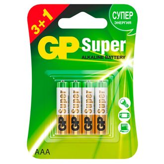 Батарейки GP Super, AAA (LR03, 24А), алкалиновые, мизинчиковые, КОМПЛЕКТ 4 шт., ПРОМО 3+1, 24A3/1-2CR4 455921