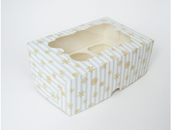 Коробка на 6 кексов (25*17*10 см), Снежинки с голубой полоской