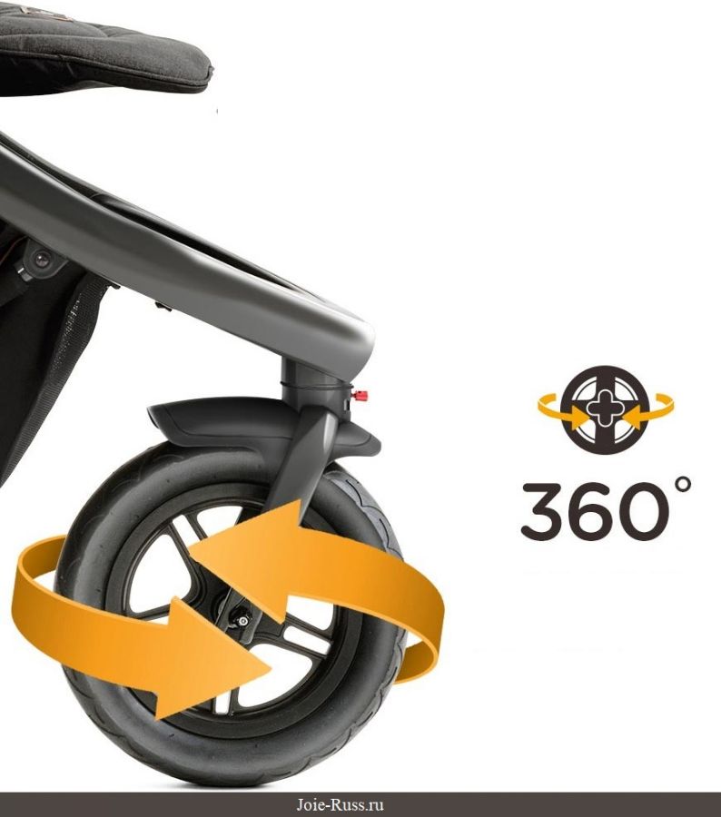 Передние колеса поворачиваются на 360° и имеют амортизацию 