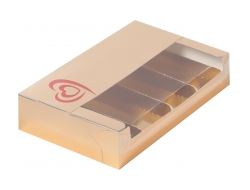 Коробка для Эклеров и Эскимо с пластиковой крышкой с тиснением сердце, 25*15*5 см, ЗОЛОТО, (080842)  (5 вкладышей)