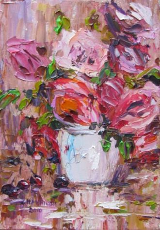 Картина миниатюра розы и вишни на столе