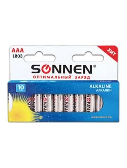 Батарейки SONNEN Alkaline, AAA (LR03, 24А), алкалиновые, КОМПЛЕКТ 10 шт., в коробке, 451089