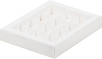 Коробка на 12 конфет 19*15*3 см,  с пластиковой крышкой и с разделителями, Белая