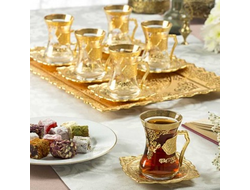 Стаканы для чая (армуды), подарочный набор 6 шт. с блюдцем, декор &quot;золото&quot;, Sena, Турция