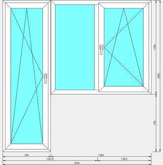 Балконный блок с двустворчатым окном с поворотно-откидной створкой и поворотно-откидной дверью с целиковым стеклопакетом