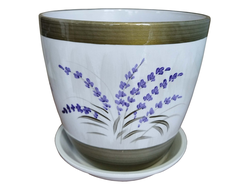 Керамический горшок для цветов в стиле "прованс" диаметр 18 см с фиолетовым рисунком лаванды