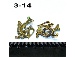 Фигурка металл №3-14: ящерка объемная (зеленые стразы) - цвет "латунь" - 31*26*11мм