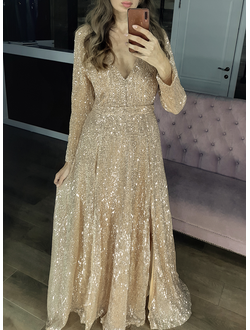 Золотистое вечернее блестящее платье с рукавами и разрезами "C.C. Catch" прокат Уфа