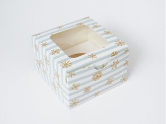 Коробка на 1 кекс (11,5*11,5*8 см), Снежинки с голубой полоской