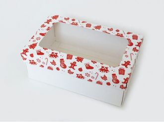 Коробка подарочная ВЫСОКАЯ 2П-В с ОКНОМ (18*11* выс 7 см), красно-белый новогодний
