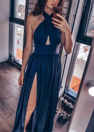 Темно-синее вечернее шелковое платье с разрезом "Анталия" прокат Уфа