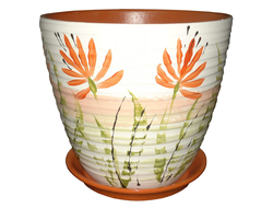 Белый с оранжевым необычный цветочный горшок из керамики диаметр 15 см с рисунком