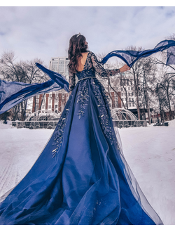 Темно-синее бальное платье с рукавами "Мендельсон" прокат Уфа
