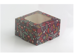 Коробка на 4 кекса квадратная с окошком (17*17*10 см), Новогодняя ночь
