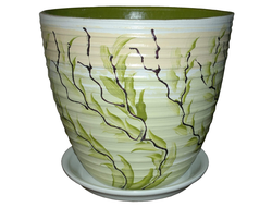 Белый с зеленым стильный керамический горшок для комнатных цветов диаметр 12 см с рисунком листья